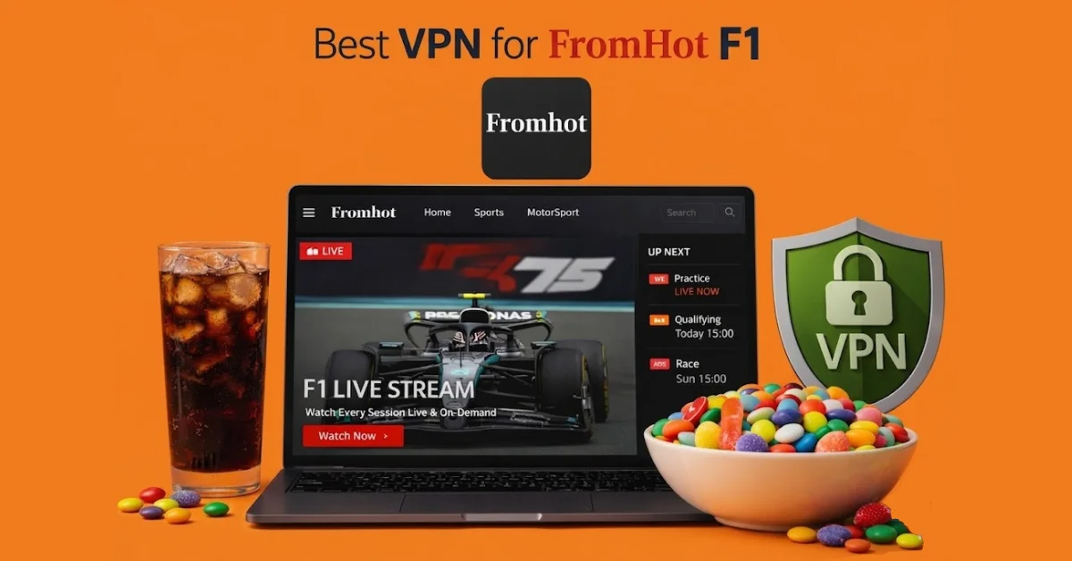Laptop showing FromHot F1 live stream with a glass of cola and a bowl of colorful candies on a solid orange background with VPN shield
