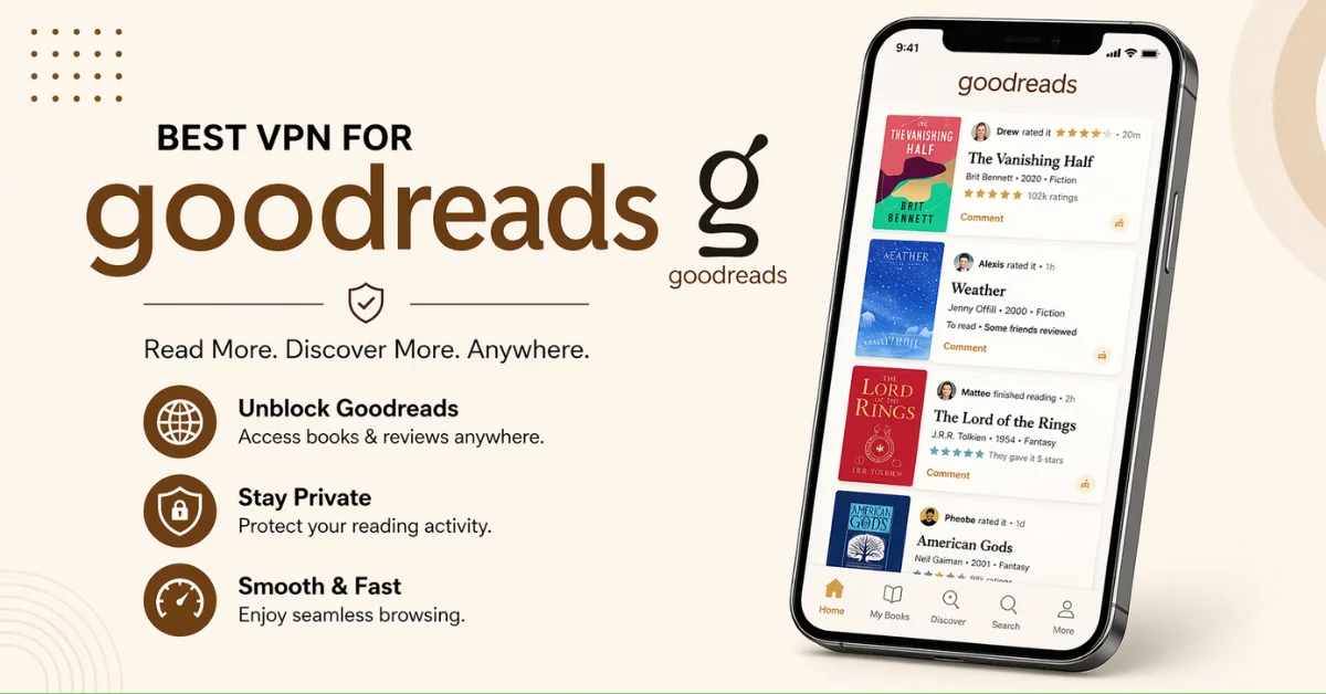 Cream and brown banner showing Best VPN for Goodreads with smartphone displaying Goodreads app and features like private reading, global access and fast browsing