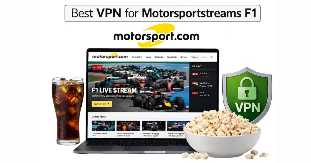 Laptop displaying a Formula 1 live stream on Motorsport.com with a glass of soda, a bowl of popcorn, and a VPN shield icon on a clean white background.