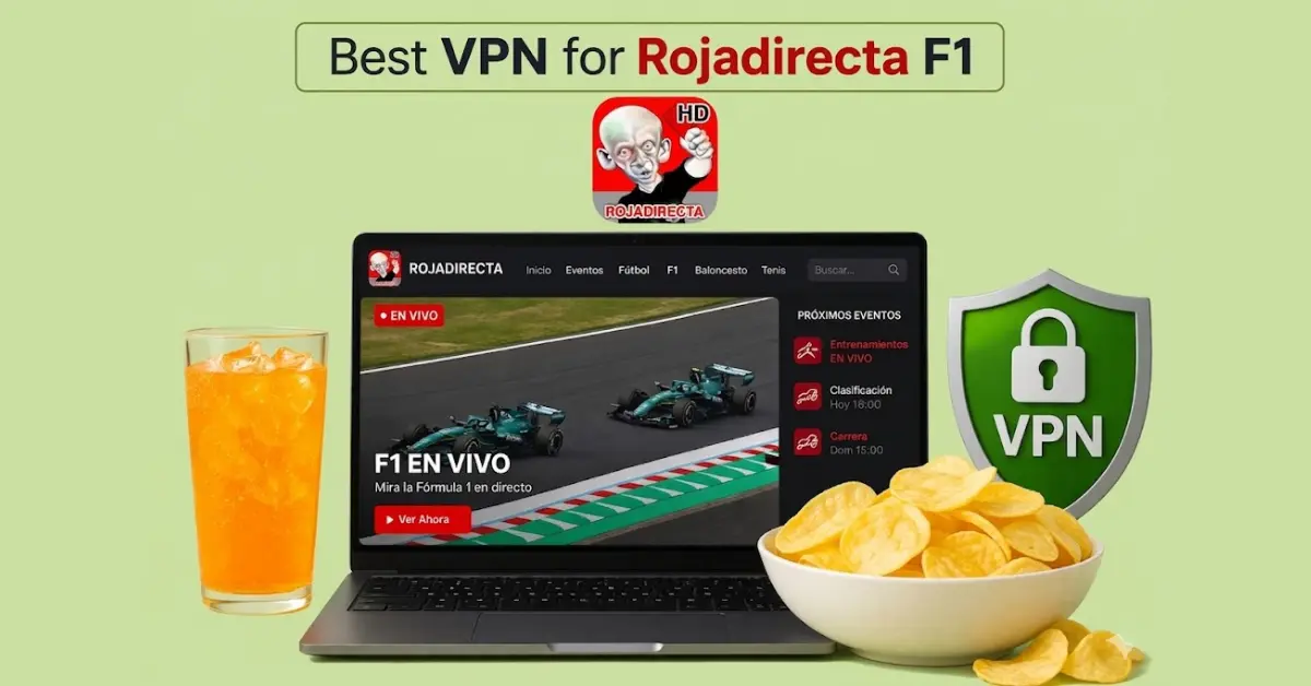 Laptop showing Rojadirecta F1 live stream with a glass of orange soda and a bowl of chips on a light green background with VPN shield