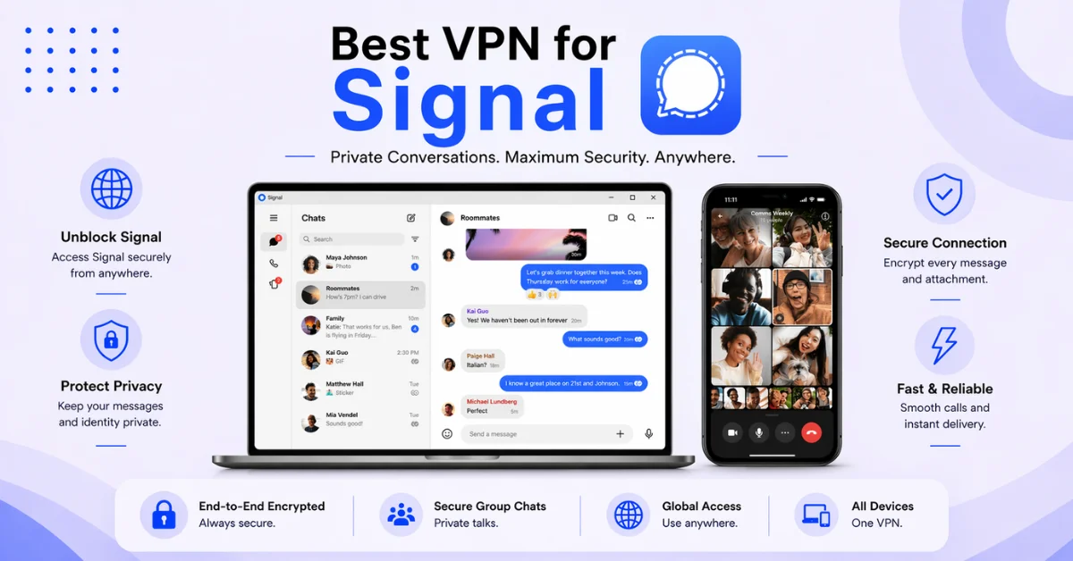 Light purple banner showing Best VPN for Signal with laptop and mobile displaying Signal chat interface and features like encryption, privacy and global access