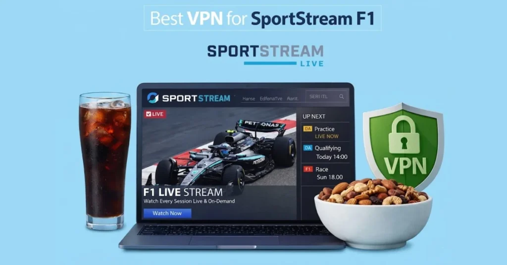 Laptop displaying SportStream F1 live race stream with chocolate cola drink and bowl of dry fruits on a light blue background