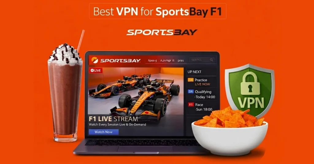 Laptop showing SportsBay F1 live stream with chocolate milkshake and bowl of Doritos, highlighting best VPN for SportsBay F1 on an orange background