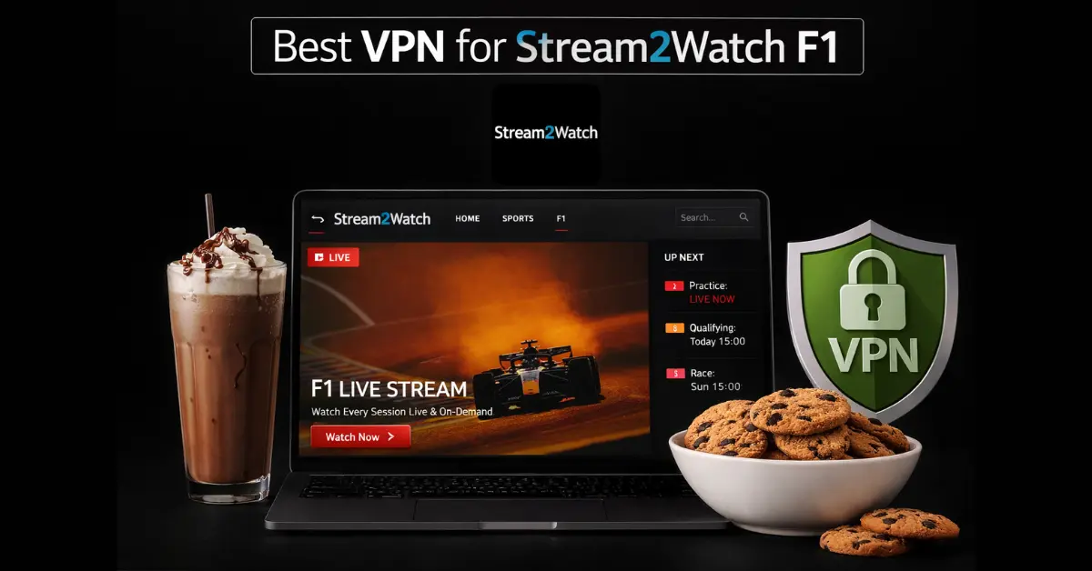 Laptop showing Stream2Watch F1 live stream with a glass of chocolate milkshake and a bowl of cookies on a black background with VPN shield