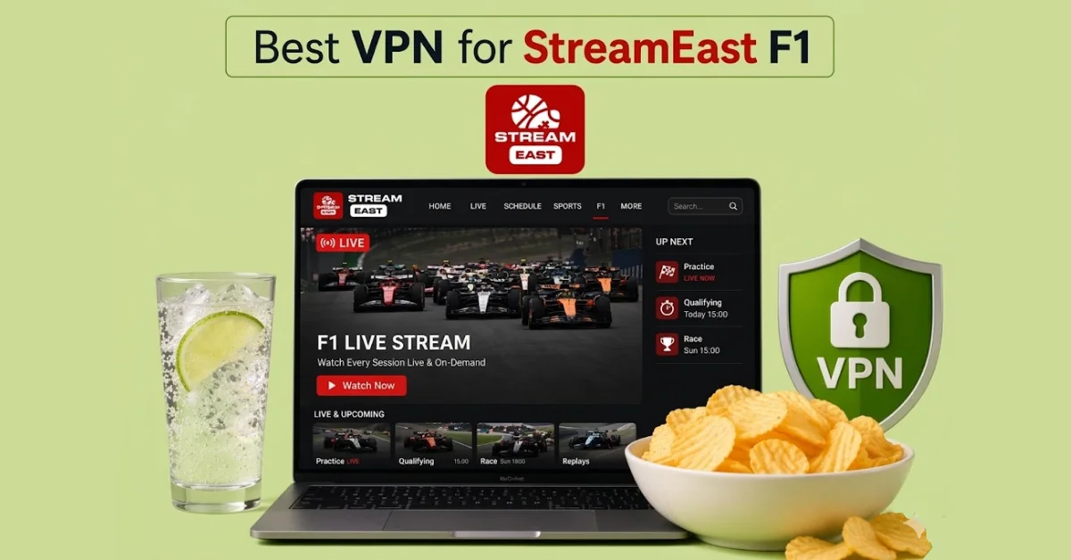 Laptop showing StreamEast F1 live stream with a glass of lemon soda and a bowl of chips on a light green background with VPN shield
