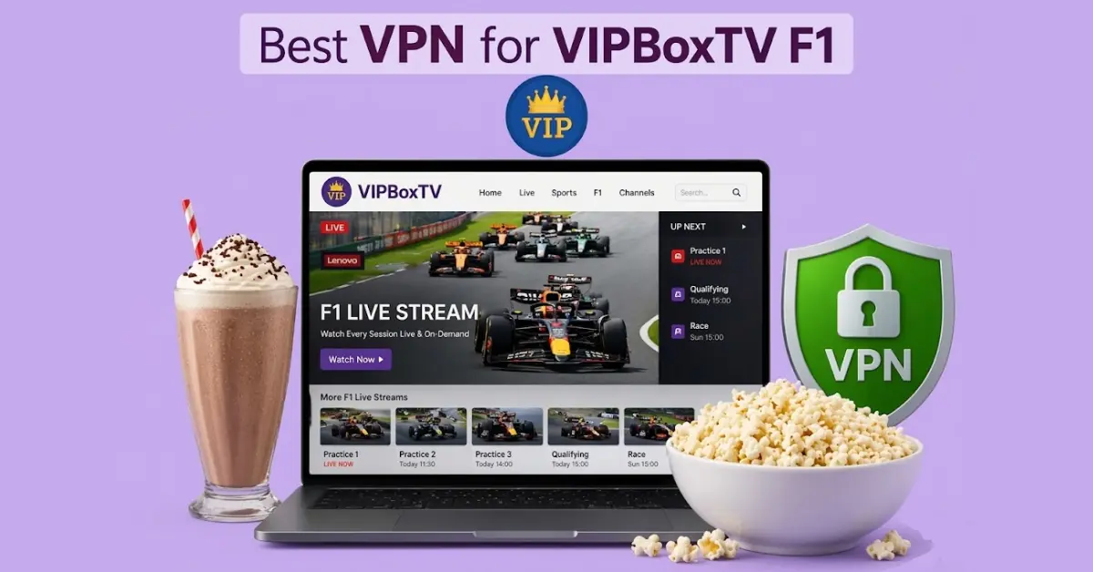Laptop displaying VIPBoxTV F1 live stream with Formula 1 race, alongside a milkshake in a glass and a bowl of popcorn on a light purple background with a VPN shield icon.