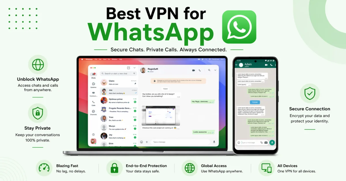 Light green banner showing Best VPN for WhatsApp with laptop and mobile displaying WhatsApp chat interface and benefits like privacy, fast speed and global access